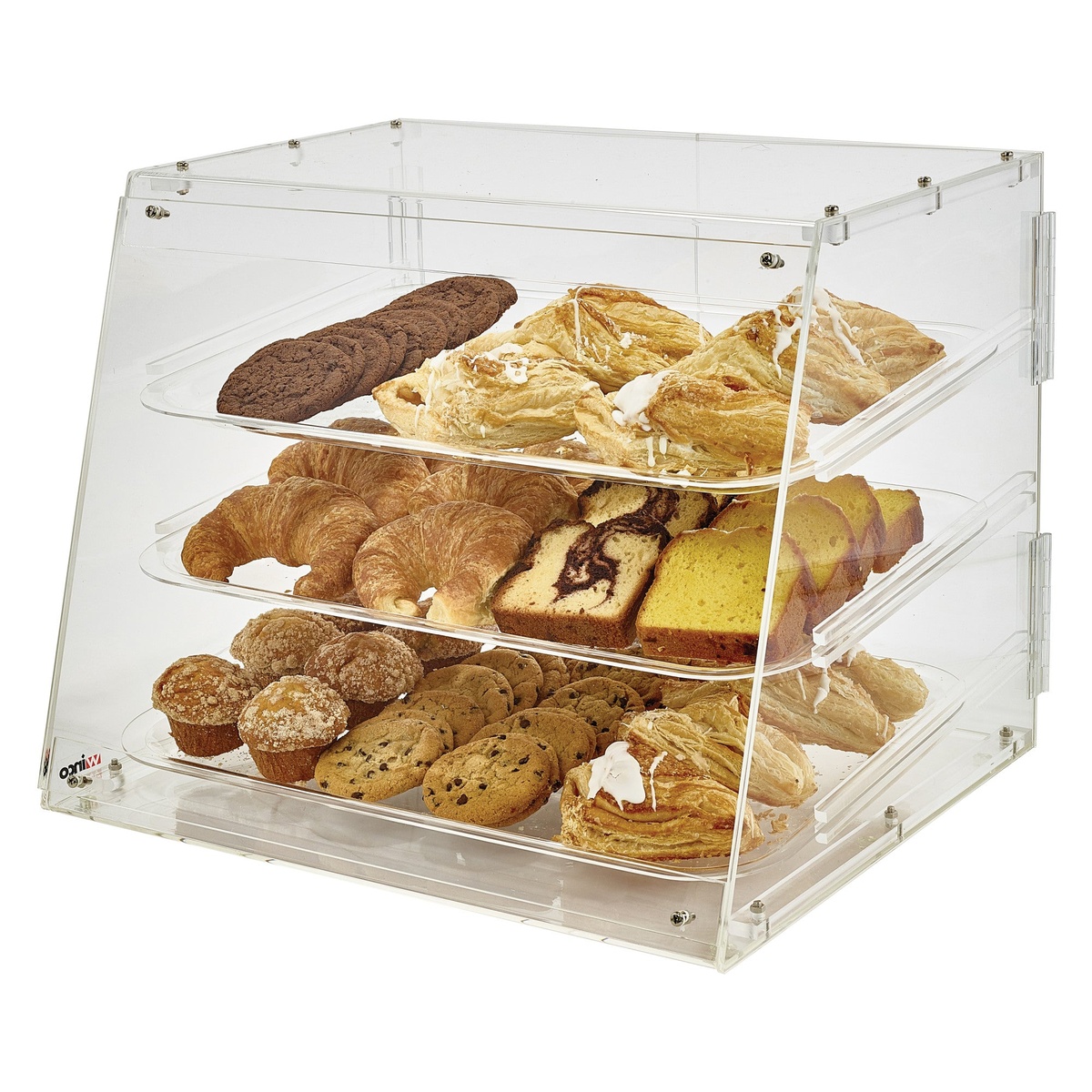 Winco ADC-3 clear acrylic 3-tier countertop display case filled with assorted pastries, cookies, and croissants