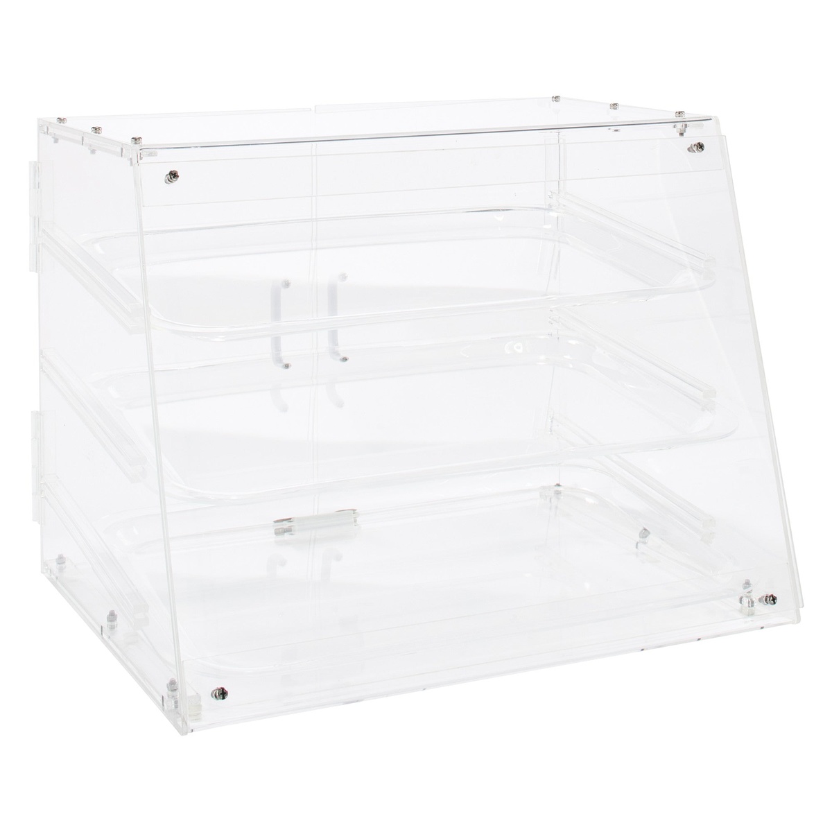 Empty Winco ADC-3 clear acrylic tiered display case showing three open tray slots