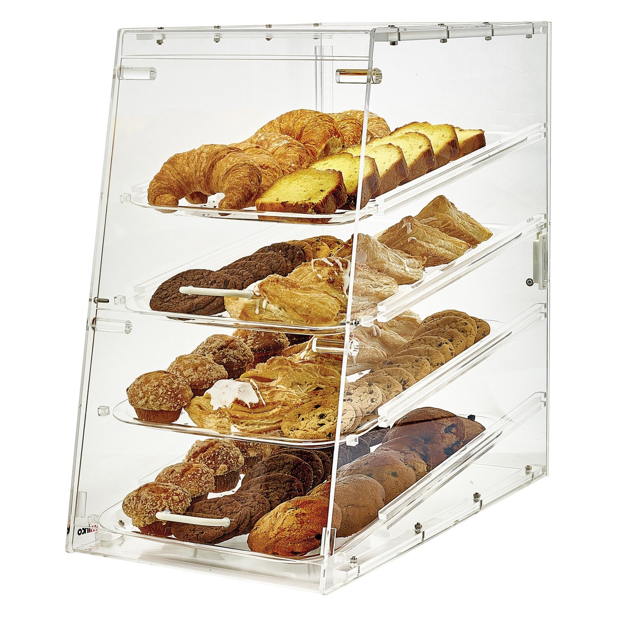 Winco ADC-4 four-tier acrylic display case filled with croissants, muffins, cookies, and pastries on white background