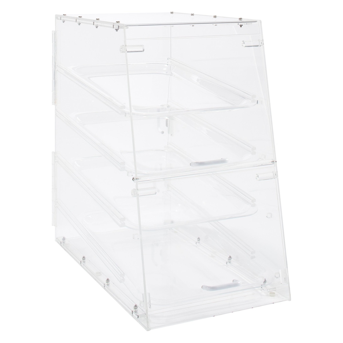 Winco ADC-4 empty four-tier acrylic bakery display case showing open front doors and tray slots on white background