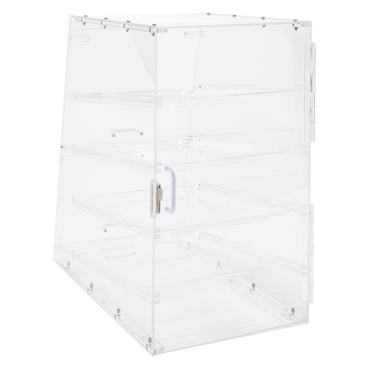 Winco ADC-4 empty acrylic tiered display case showing rear door latch and open back panel on white background