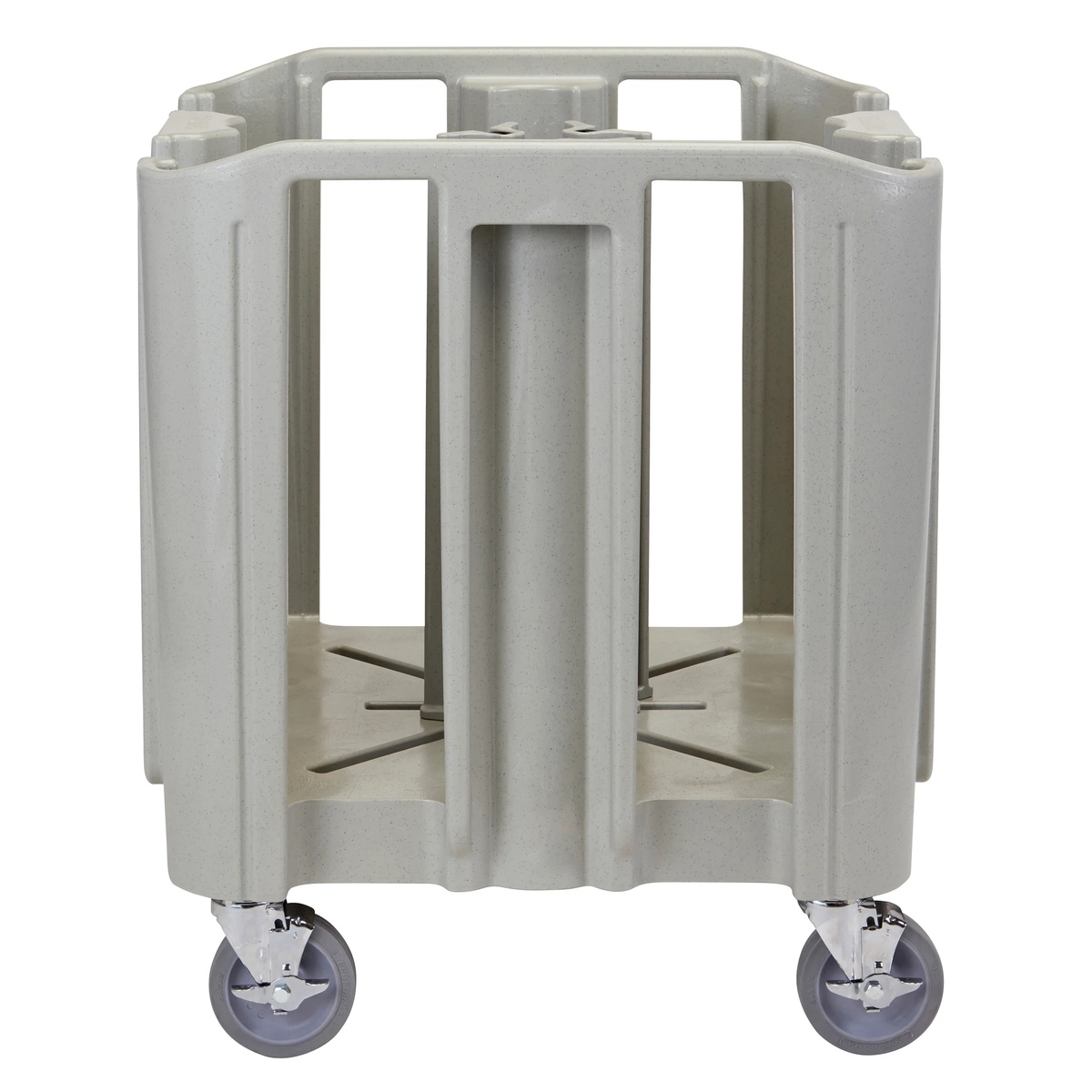 Cambro ADCS480 dish caddy side-front view showing column dividers and caster detail, empty and ready for loading