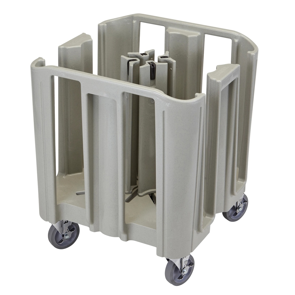Cambro ADCS480 empty dish caddy showing adjustable CamLever tower mechanisms at center, speckled gray polyethylene body
