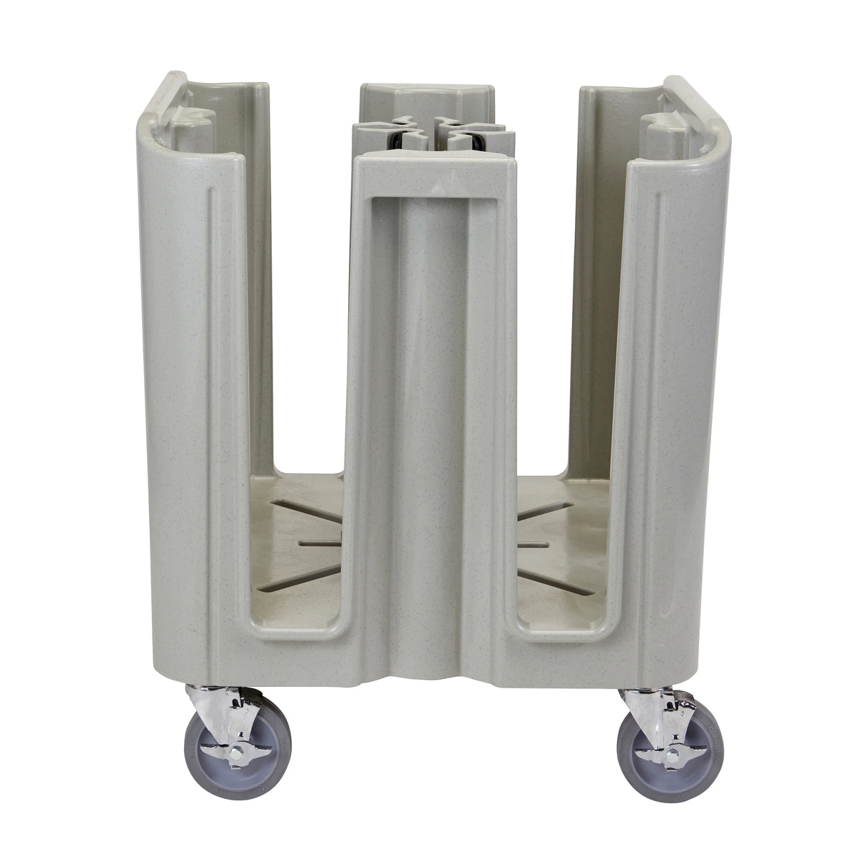 Cambro ADCS480 dish caddy front view showing swivel casters with brakes and open column slots, speckled gray