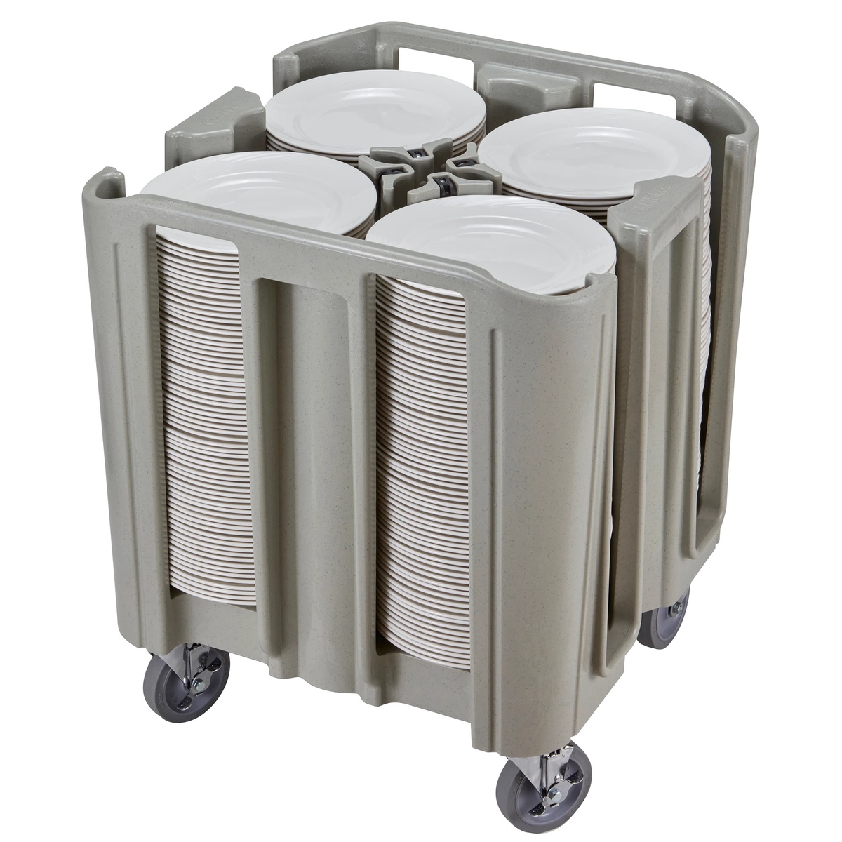 Cambro ADCS480 Compact Adjustable Dish Caddy loaded with stacked white dinner plates, speckled gray finish