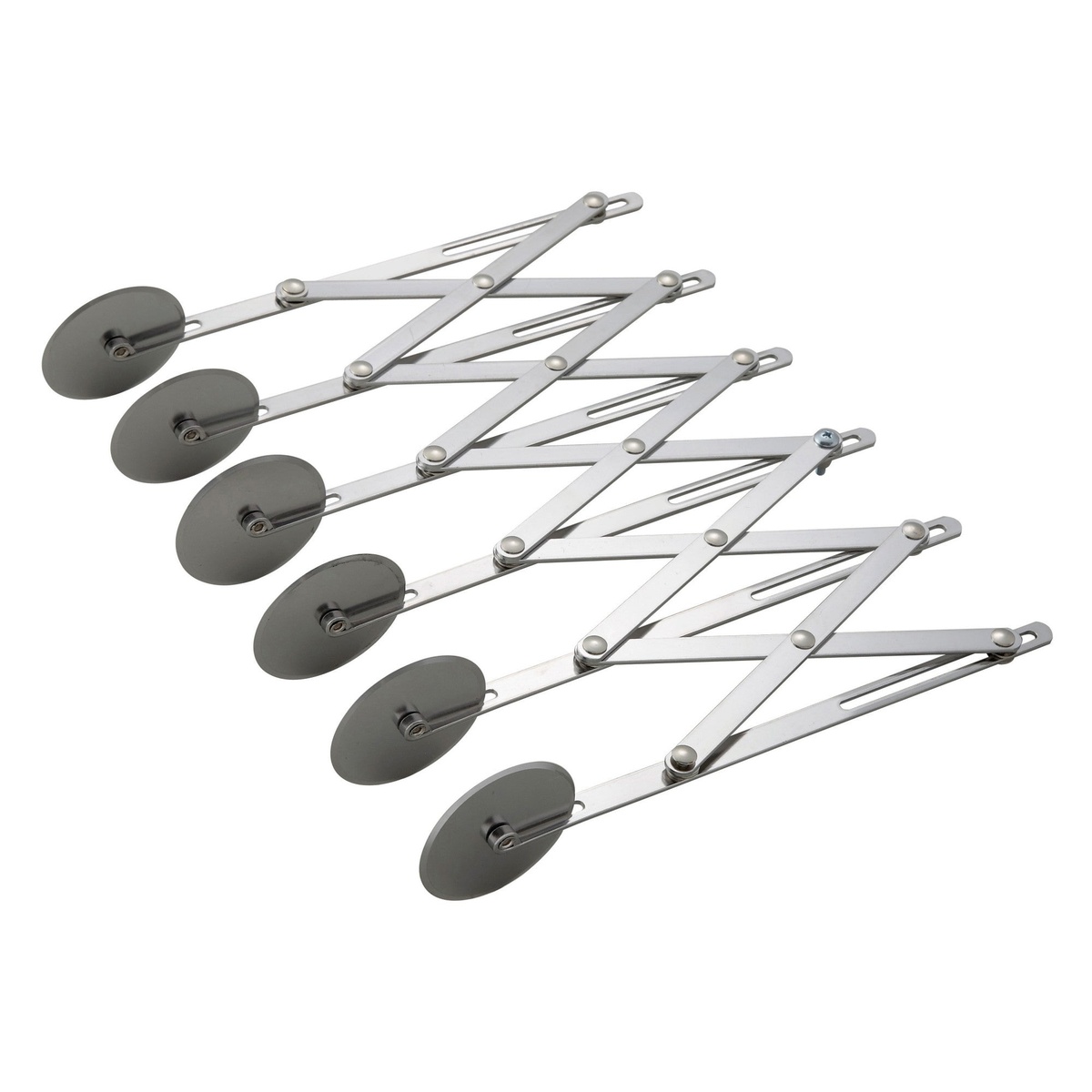 Winco ADD-6 6-wheel adjustable dough divider with stainless steel accordion frame extended to show wheel spacing