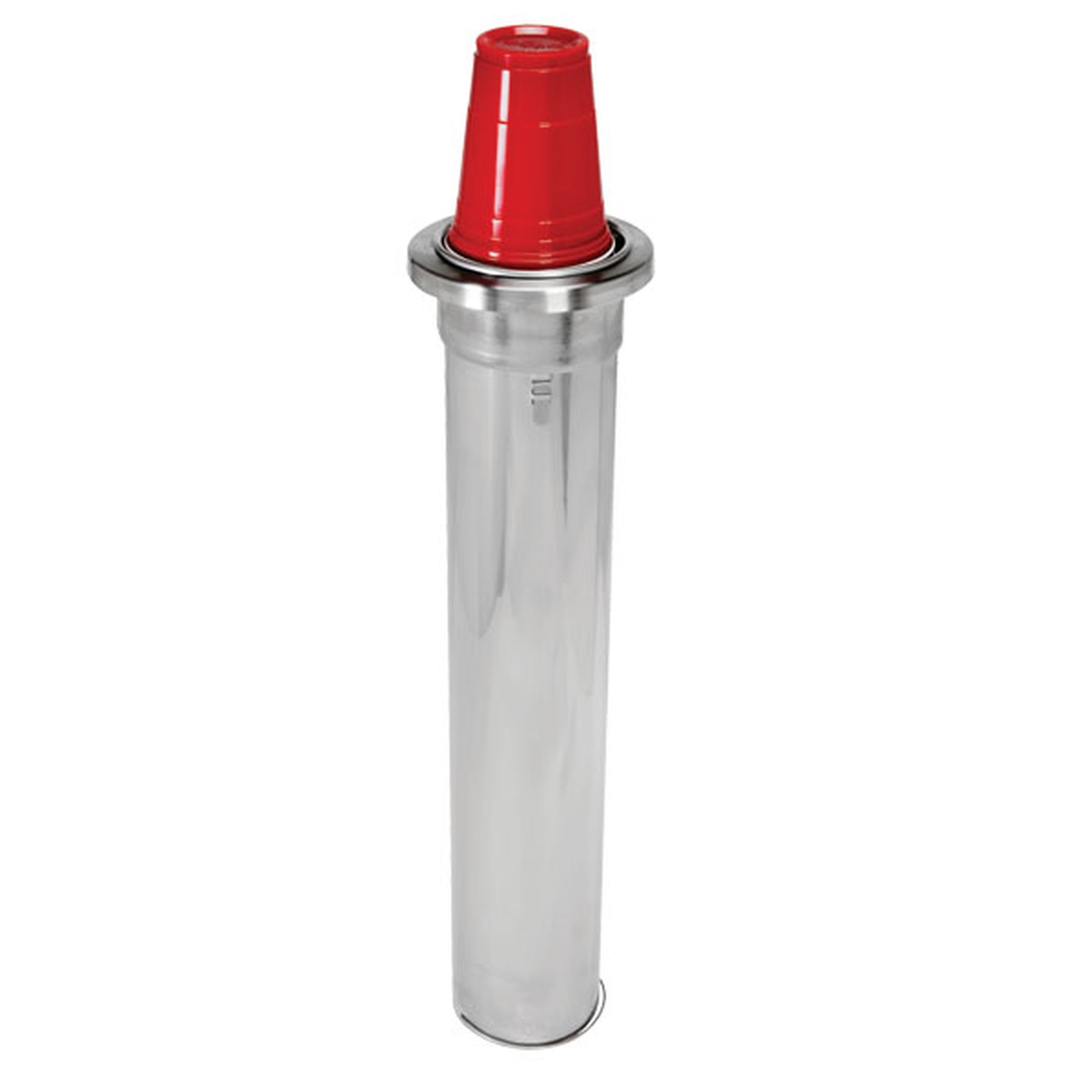 Dispense-Rite ADJ-1.50 stainless steel cup dispenser shown upright with a red plastic cup loaded in the top