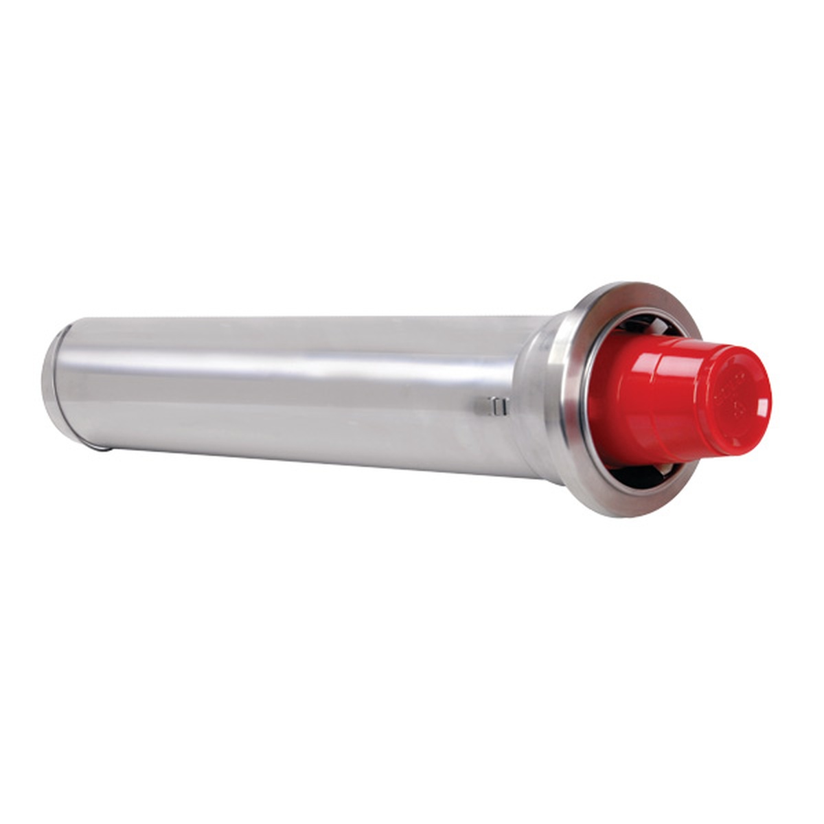 Dispense-Rite ADJ-1.50 stainless steel in-counter cup dispenser angled view showing mounting bezel and red cup base