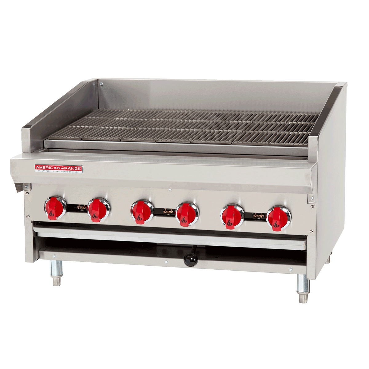 American Range ADJ-72 72-inch countertop gas radiant charbroiler with control knobs