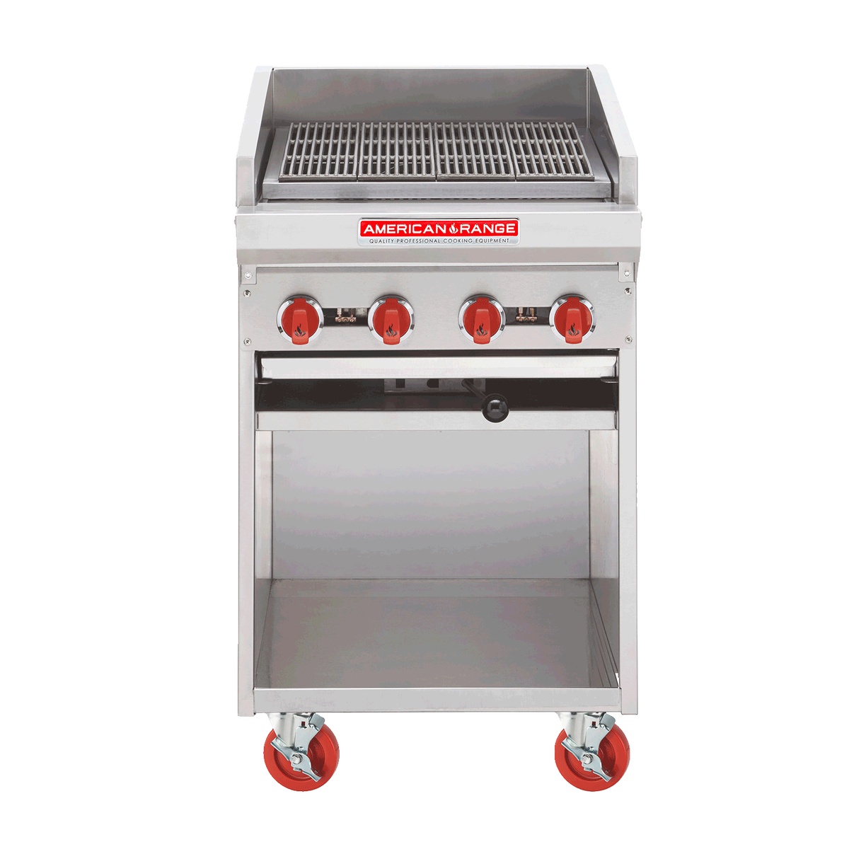 Front view of American Range ADJF-72 adjustable top charbroiler with control knobs and storage base