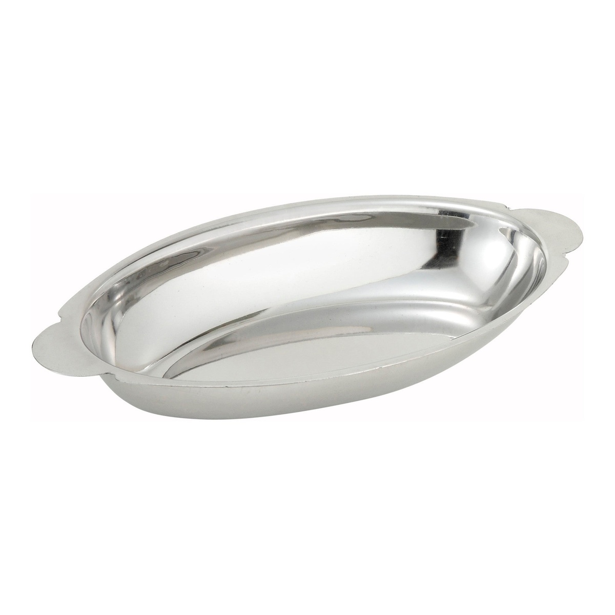 Winco ADO-15 15 oz. oval stainless steel au gratin dish with tab handles