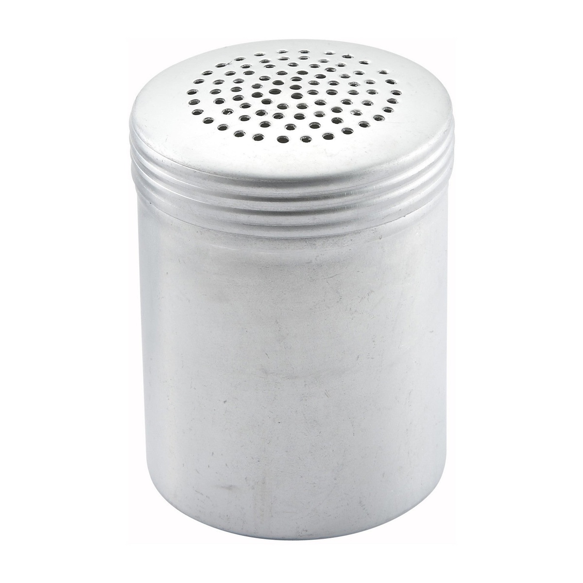 Winco ADRG-10H 10 oz aluminum dredge with perforated screw-on lid, cylindrical body, no handle