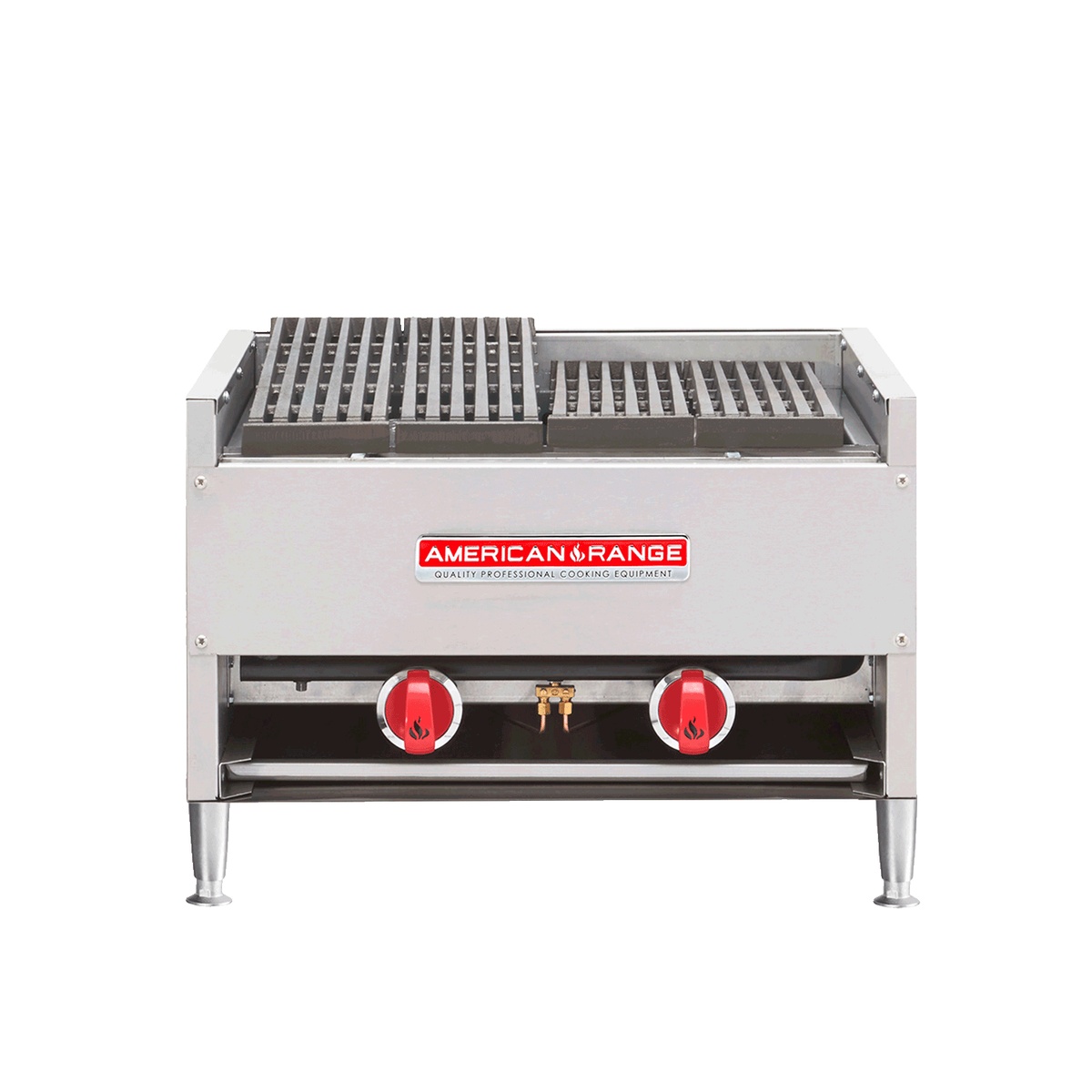 American Range AECB-24 countertop char-rock broiler with cast-iron grates and dual control knobs