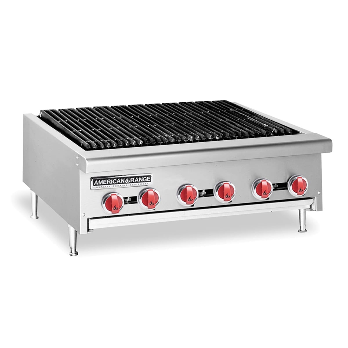 American Range AERB-36 countertop radiant charbroiler with cast iron grates and six control knobs