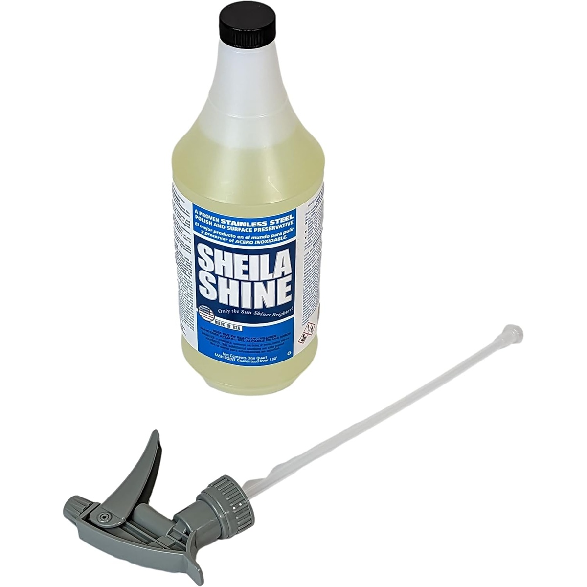 Sheila Shine stainless steel cleaner and polish bottle with detached spray trigger on white background