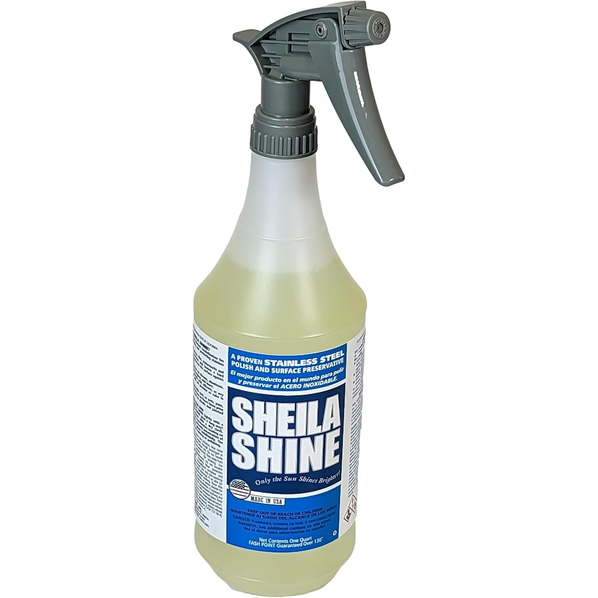 Sheila Shine spray bottle with trigger attached showing blue label on white background