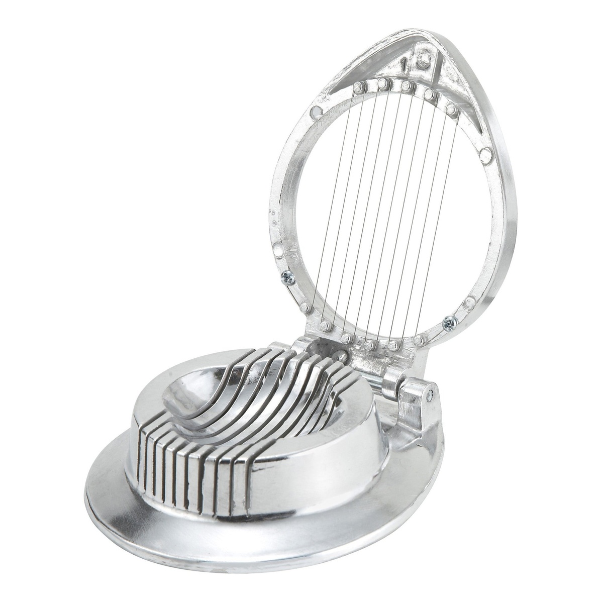 Winco AES-1 aluminum round egg slicer open, showing stainless steel wires clamped into the round aluminum frame with slotted egg cradle base