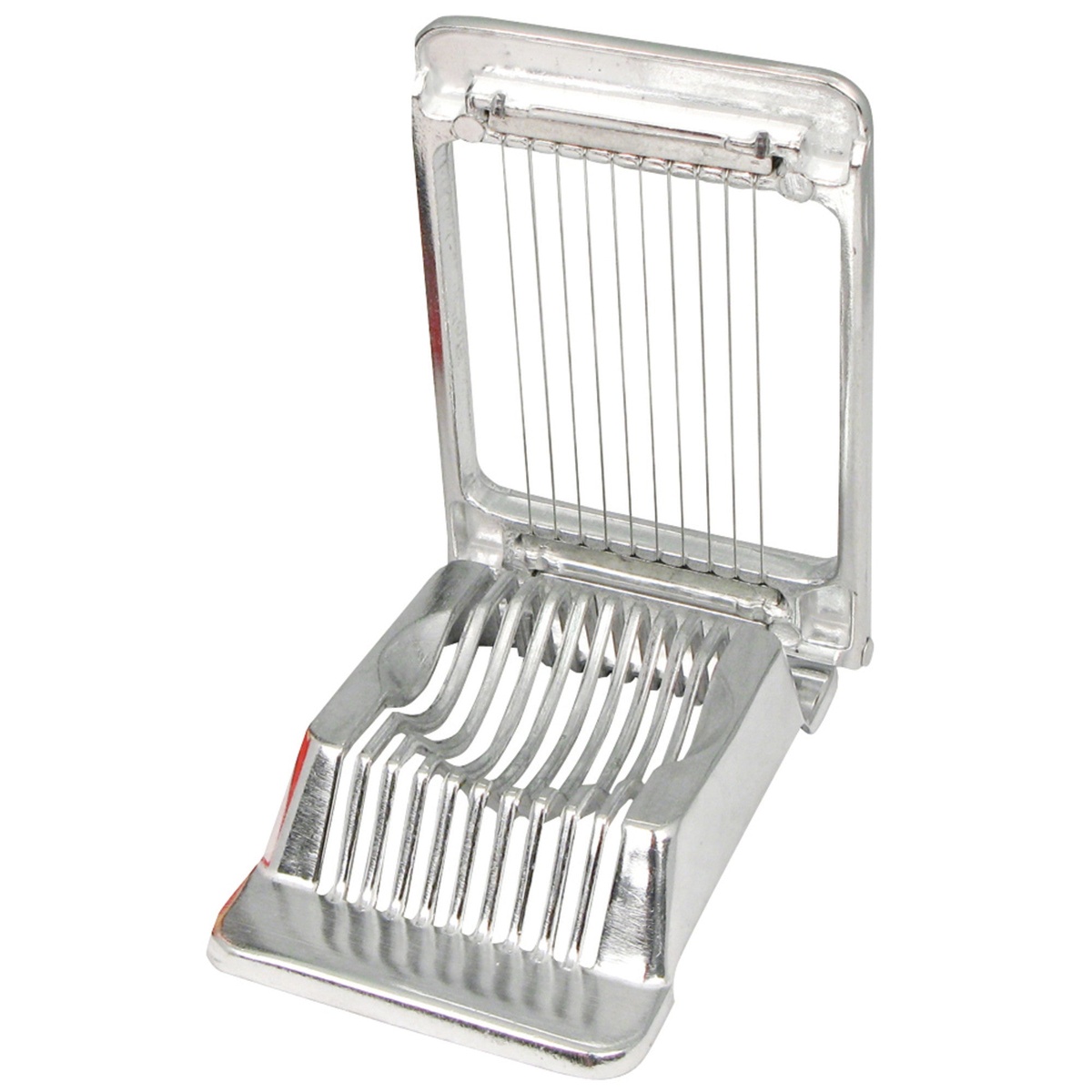 Winco AES-4 aluminum square egg slicer shown open, revealing the stainless steel wire cutting frame and grooved aluminum base