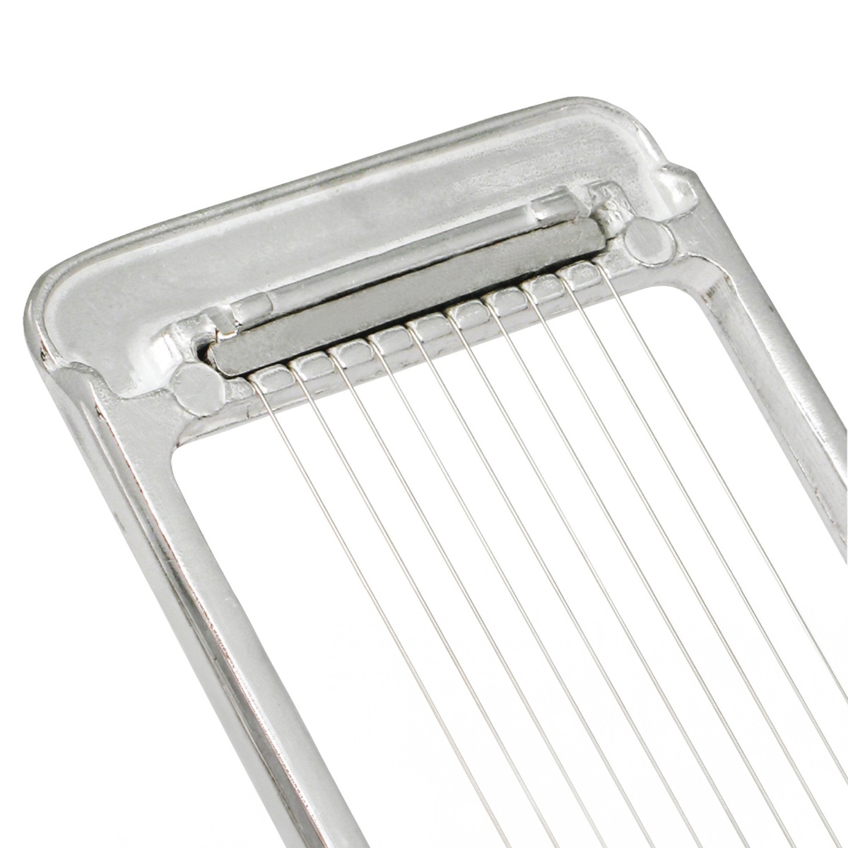 Close-up detail of the stainless steel wires clamped securely into the aluminum wire frame casing of the Winco AES-4 egg slicer