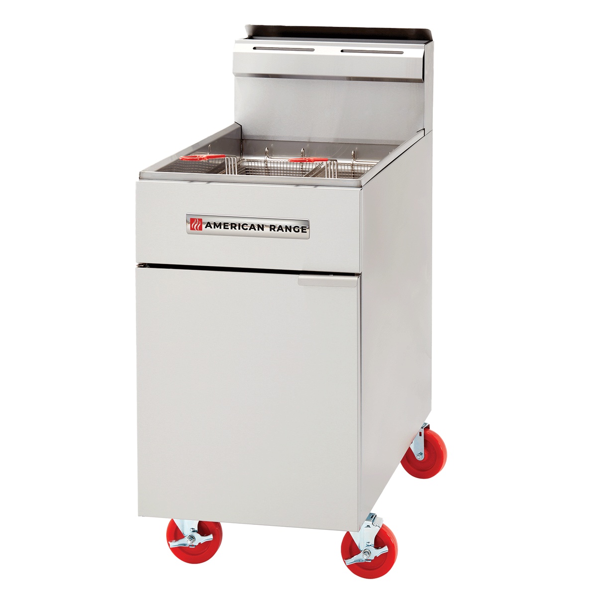 Angled front view of American Range AF-75 stainless steel floor fryer