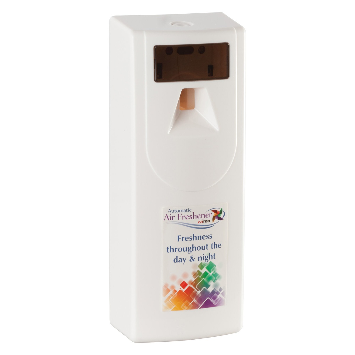 Winco AFD-1 white plastic automatic air freshener dispenser with spray nozzle and programmable display