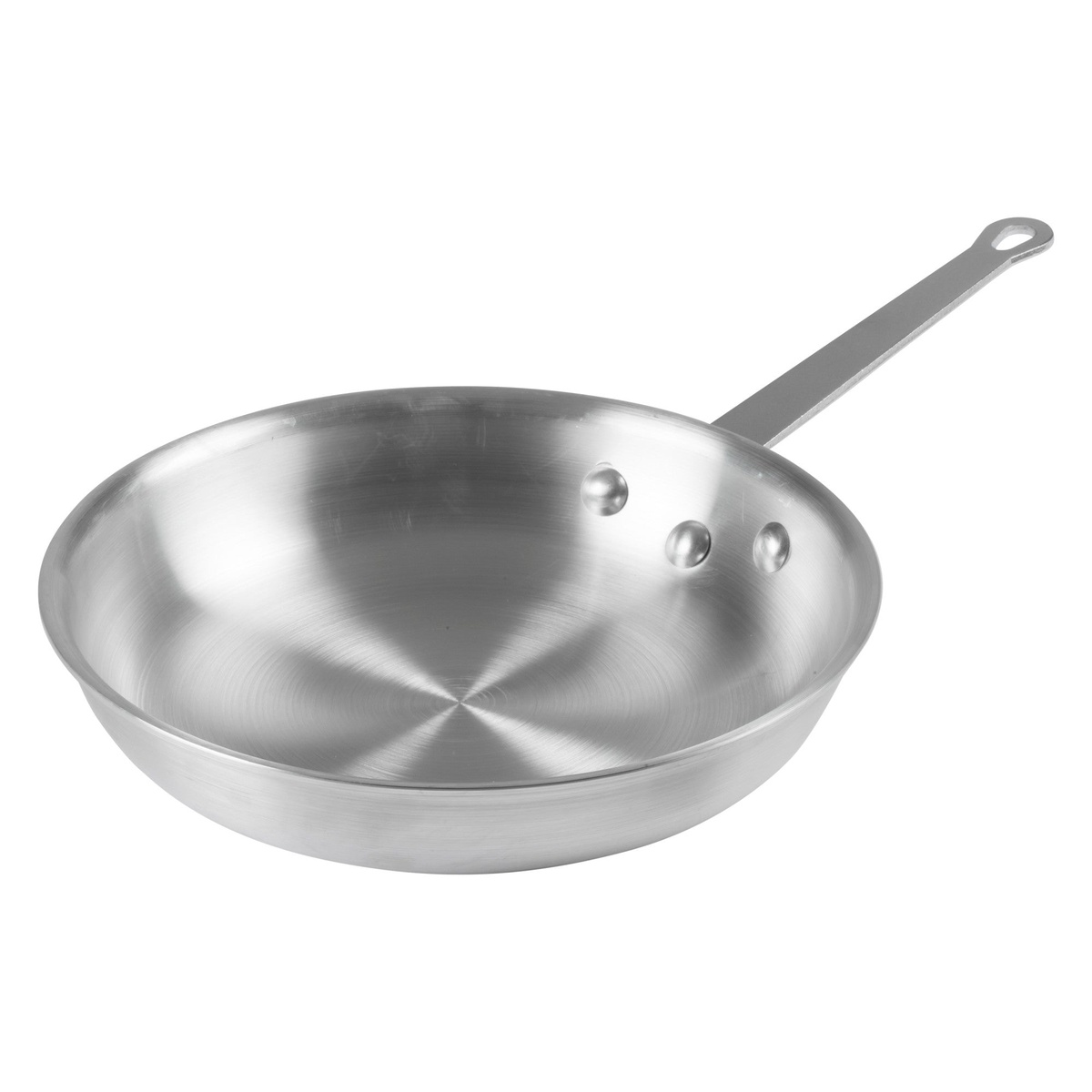 Angled view of Winco 10 inch fry pan showing riveted handle