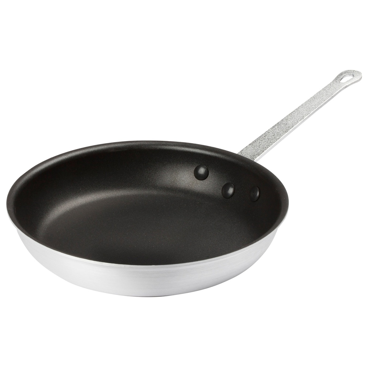 Winco AFP-10NS 10-inch aluminum fry pan angled view showing black non-stick interior and riveted aluminum handle