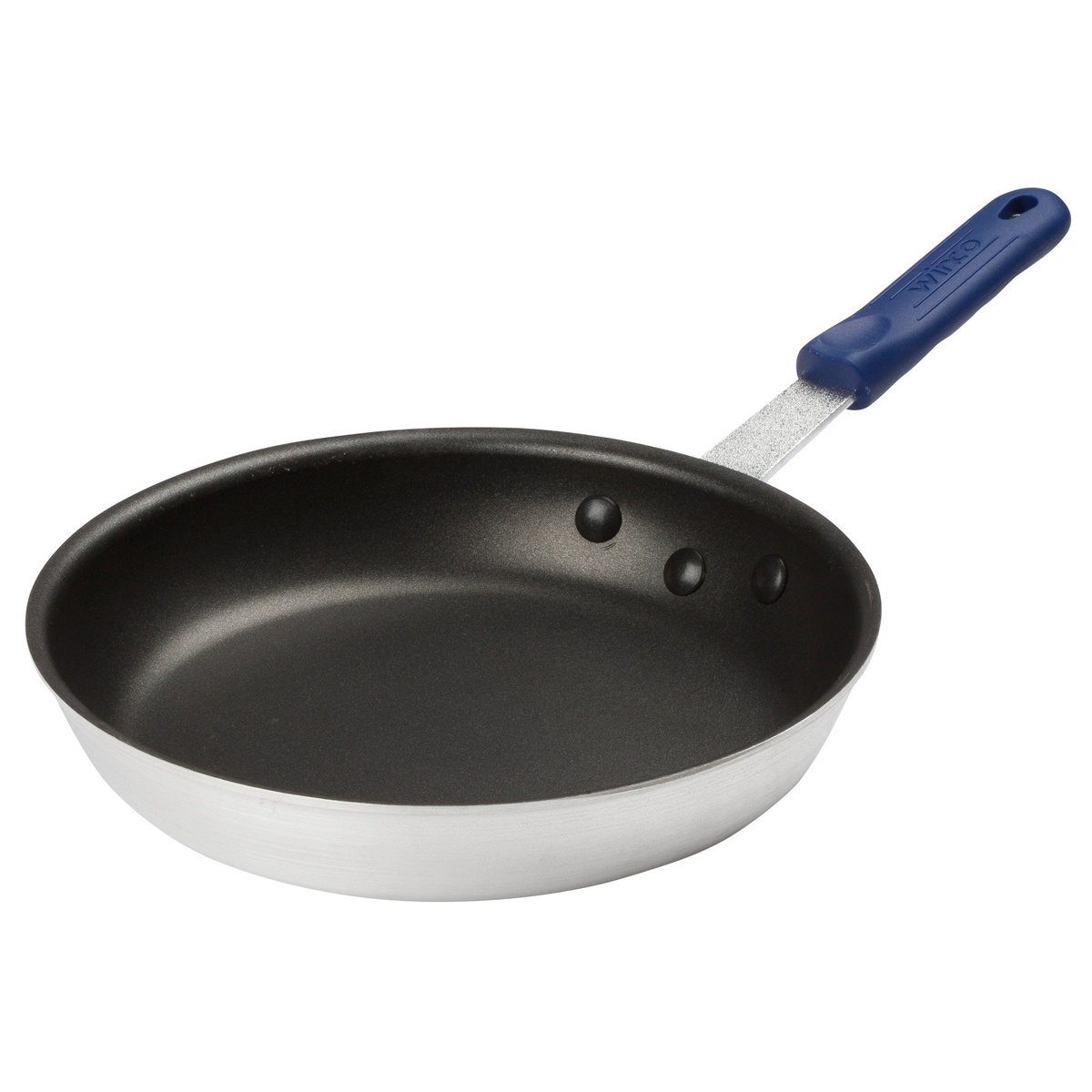 Angled view of Winco 10 inch non-stick aluminum fry pan with blue silicone handle