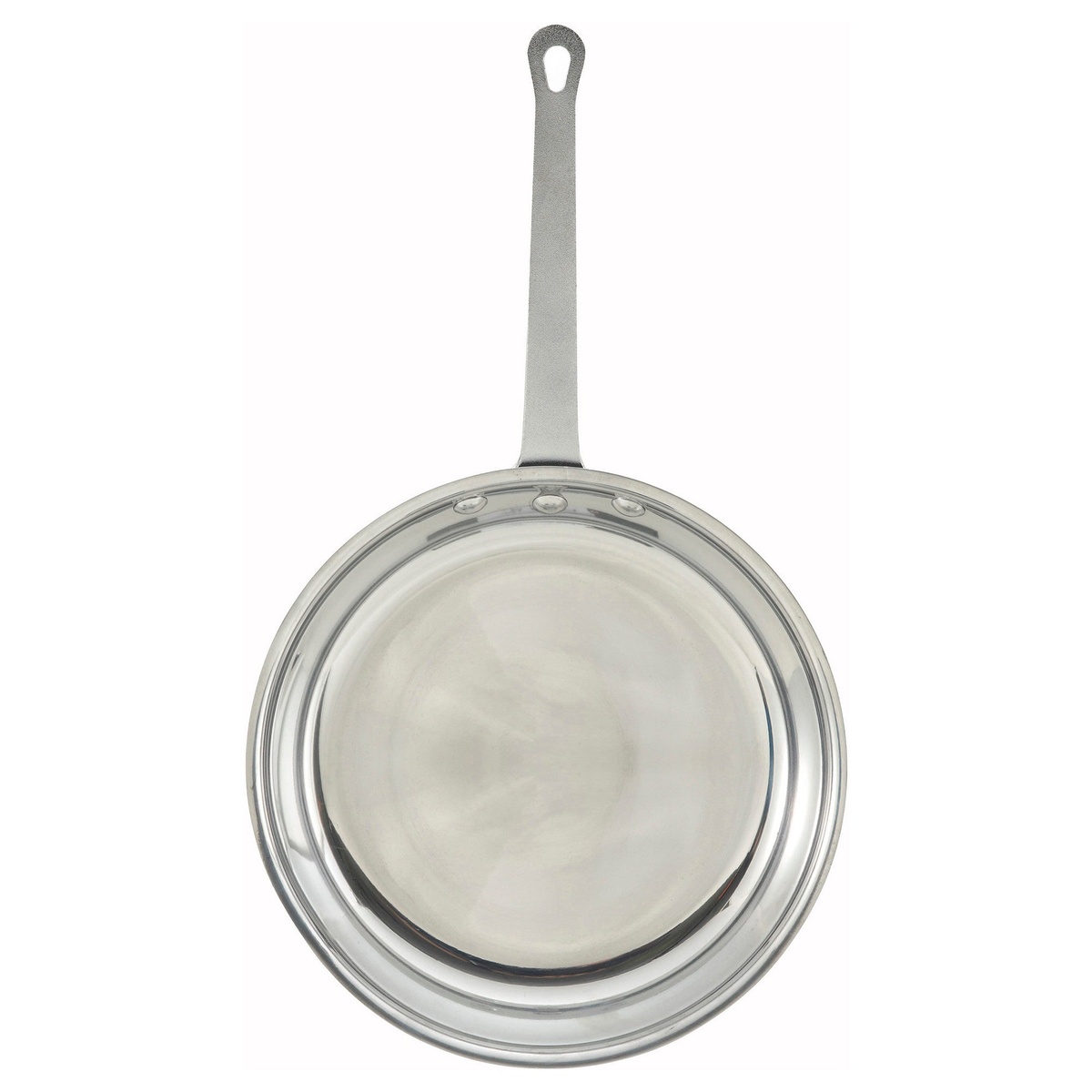 Winco AFP-12 12-inch aluminum fry pan with mirror finish and riveted metal handle, viewed from above