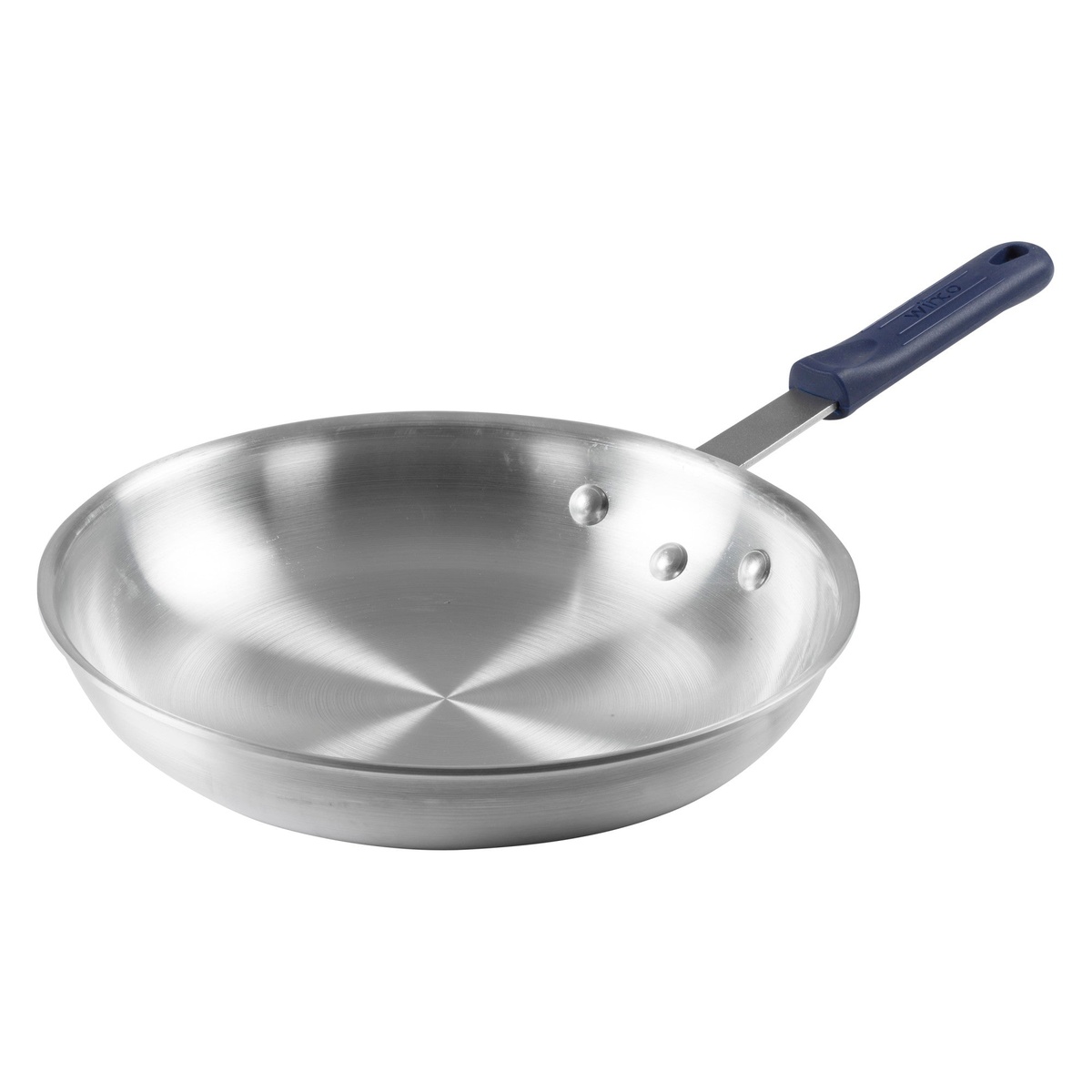 Winco AFP-12A-H 12-inch aluminum fry pan angled view showing cooking surface and blue silicone handle