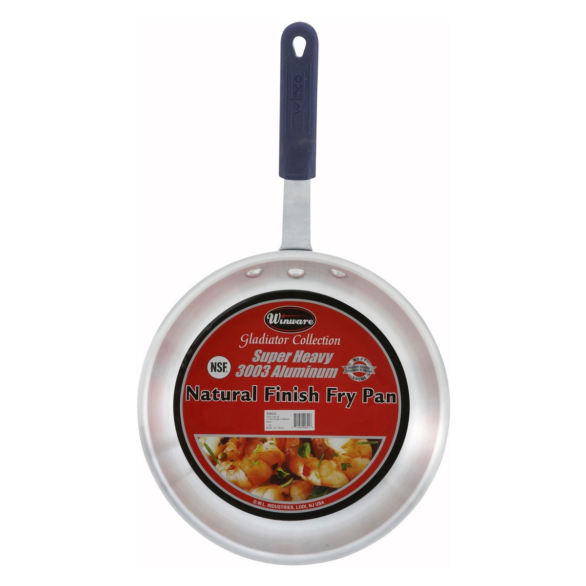 Winco AFP-12A-H Gladiator Collection natural finish fry pan with NSF label and blue silicone handle