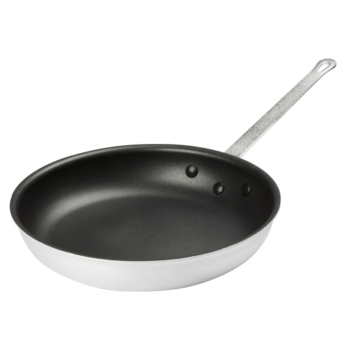 Winco AFP-12NS 12-inch non-stick aluminum fry pan angled view showing contoured edge and riveted metal handle