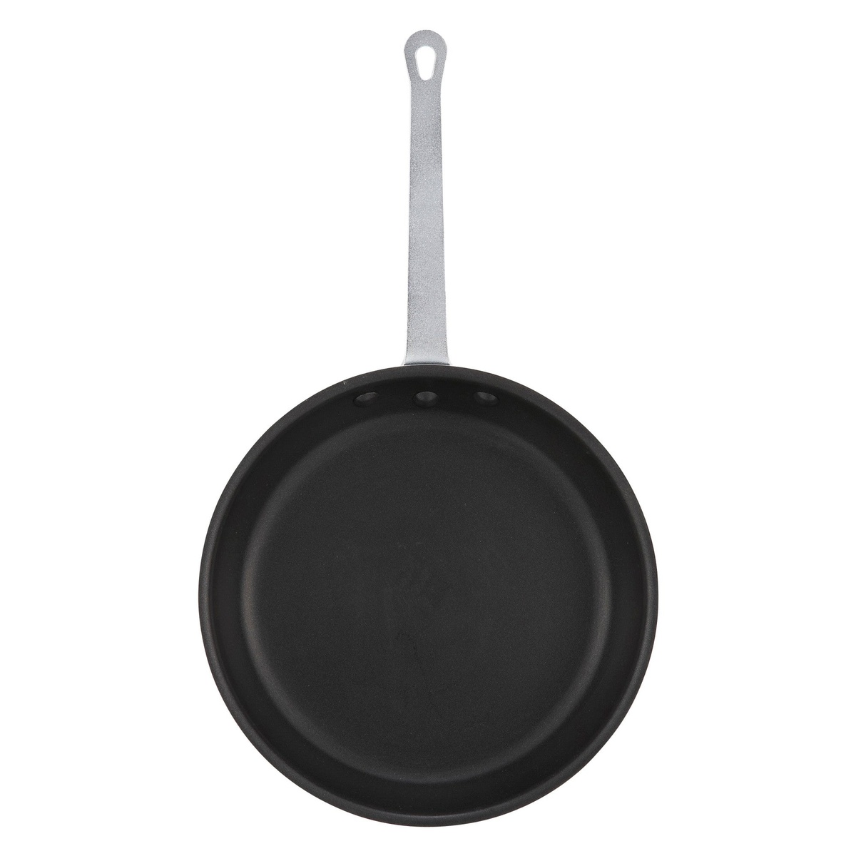Winco AFP-12XC 12-inch aluminum fry pan, top-down view showing black Excalibur non-stick interior and aluminum riveted handle