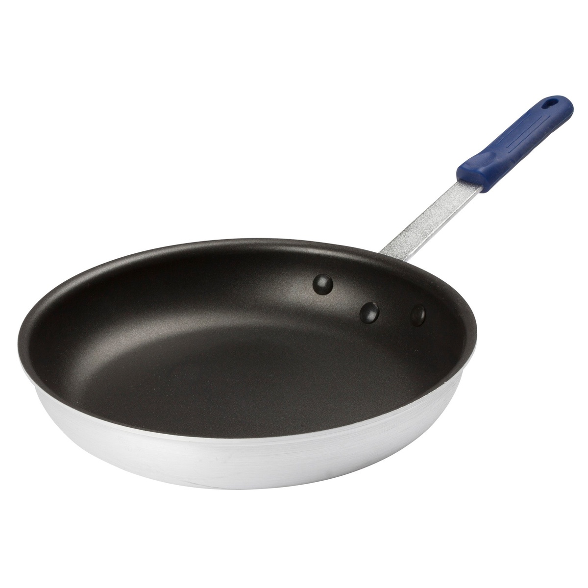 Angled view of Winco Gladiator fry pan showing the depth and riveted handle construction