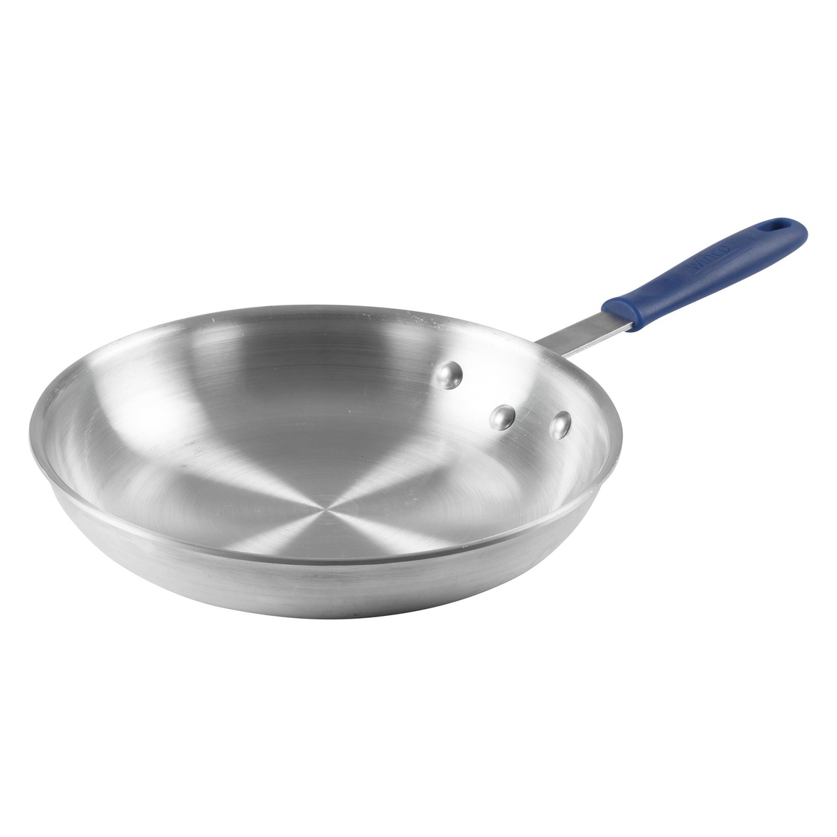 Winco AFP-14A-H 14-inch aluminum fry pan angled view showing contoured edge, interior, and blue silicone handle