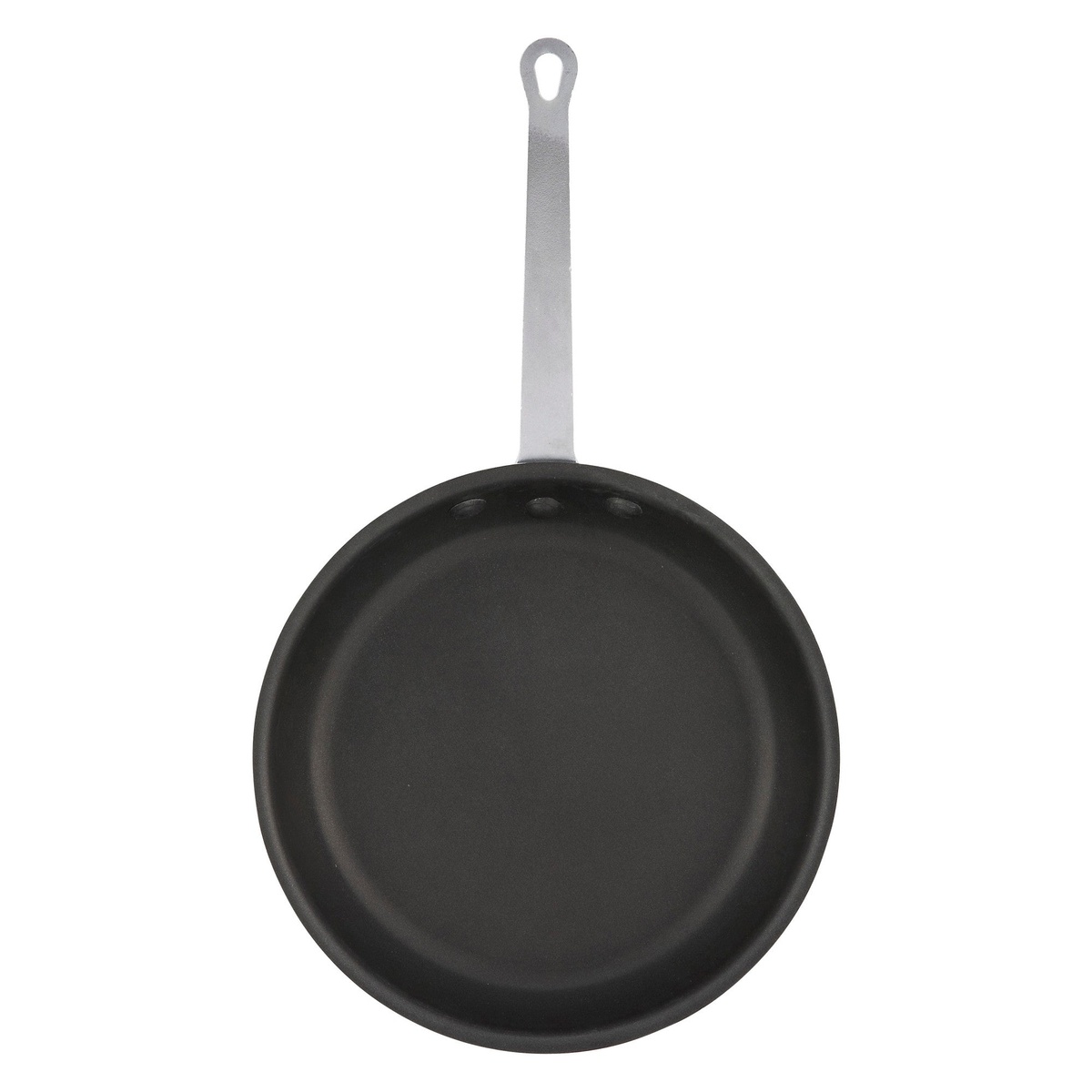 Winco AFP-14NS 14-inch non-stick aluminum fry pan top-down view showing Quantum2 black non-stick coating and riveted metal handle
