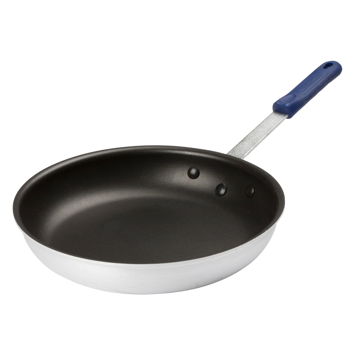 Winco AFP-14XC-H 14-inch aluminum fry pan angled view showing non-stick interior and blue silicone handle
