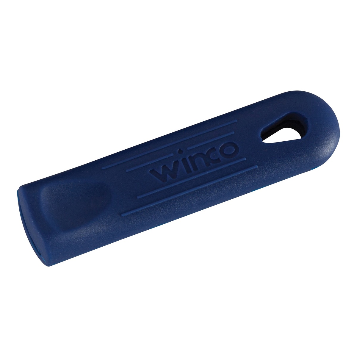 Close up of a single blue Winco silicone handle sleeve with embossed logo