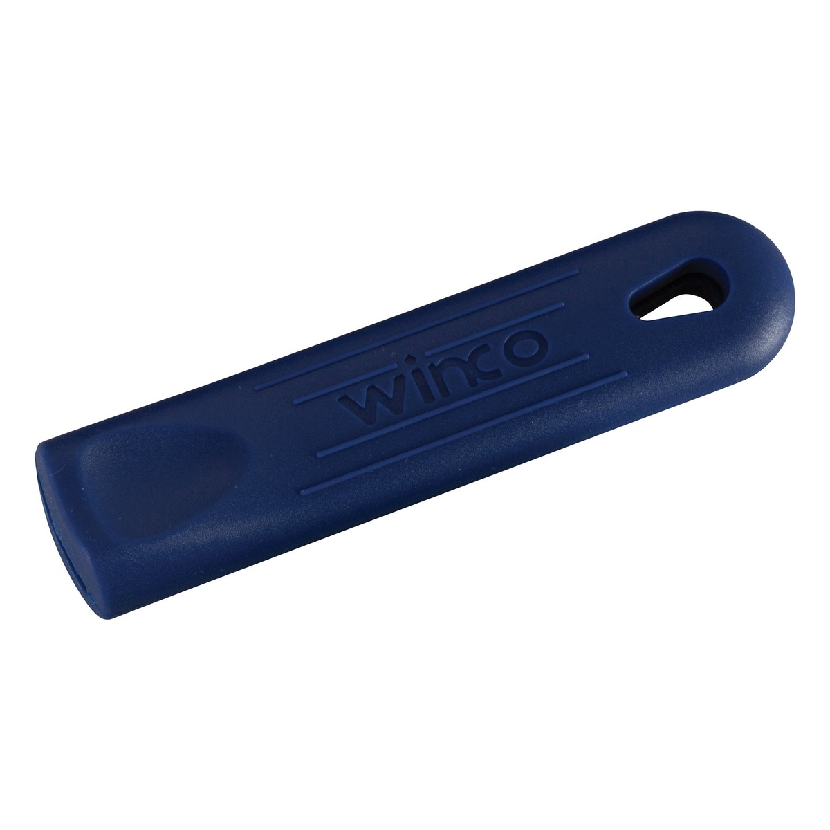 Close up of a blue Winco removable silicone sleeve for fry and sauce pans