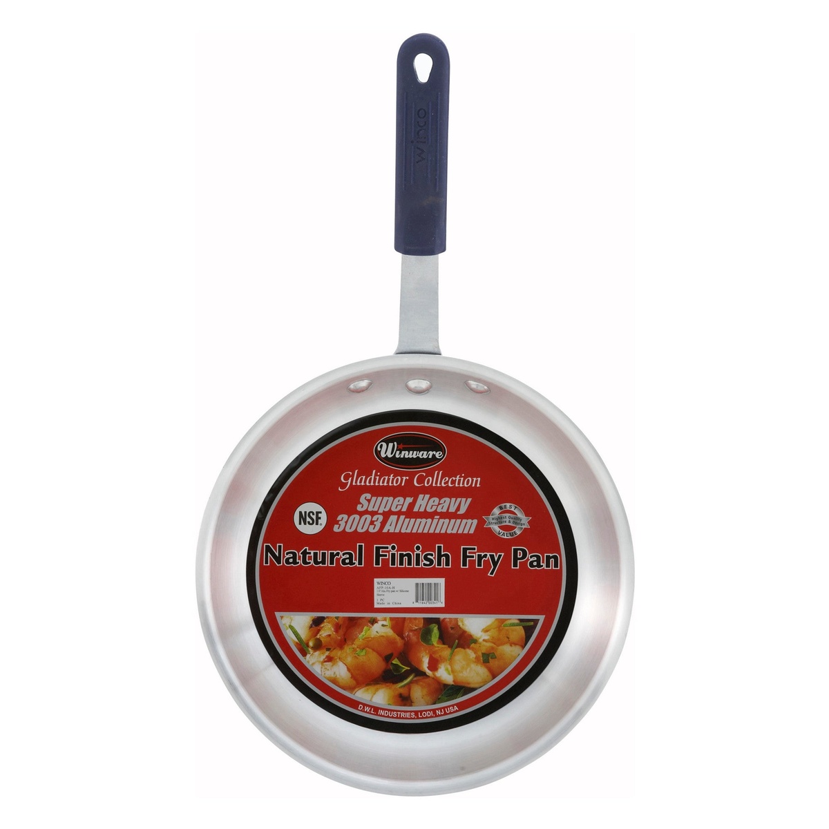Winco AFP-7A-H natural finish aluminum fry pan showing Gladiator Collection product label and blue silicone handle