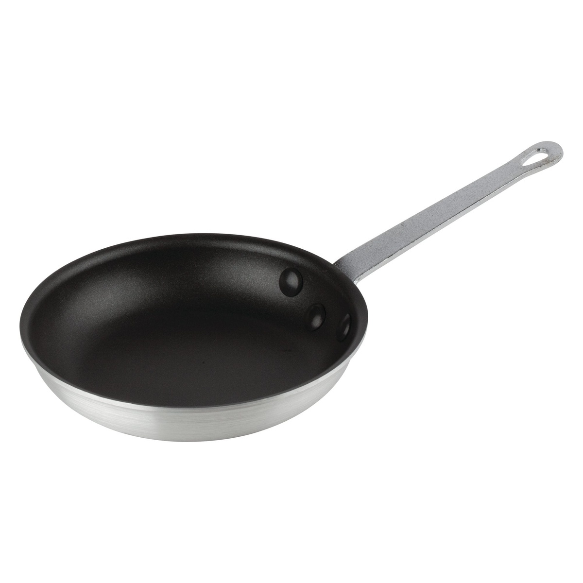 Winco AFP-7NS 7-inch non-stick aluminum fry pan, angled side view showing riveted metal handle and silver aluminum exterior