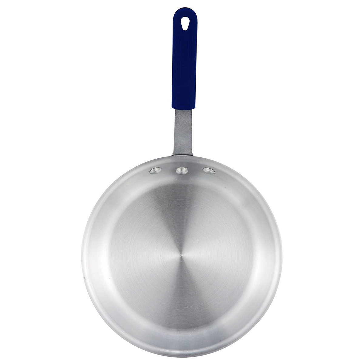 Winco Gladiator aluminum fry pan bottom view showing smooth base and blue silicone handle with hanging hole
