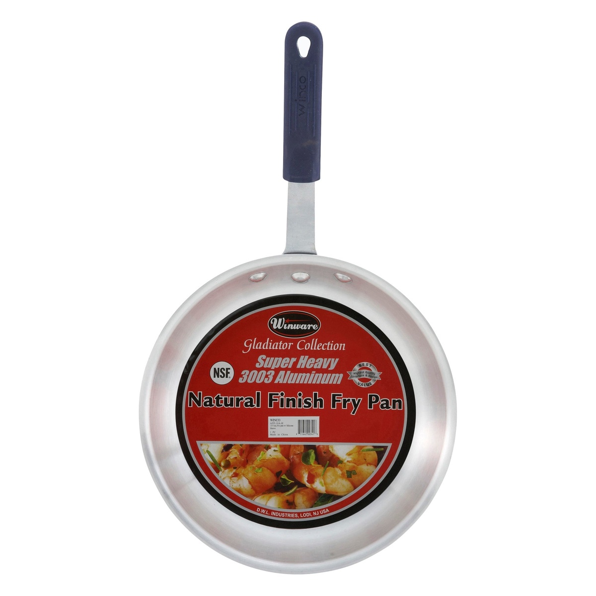 Winco Gladiator natural finish fry pan front view showing product label with NSF certification and 3003 aluminum designation