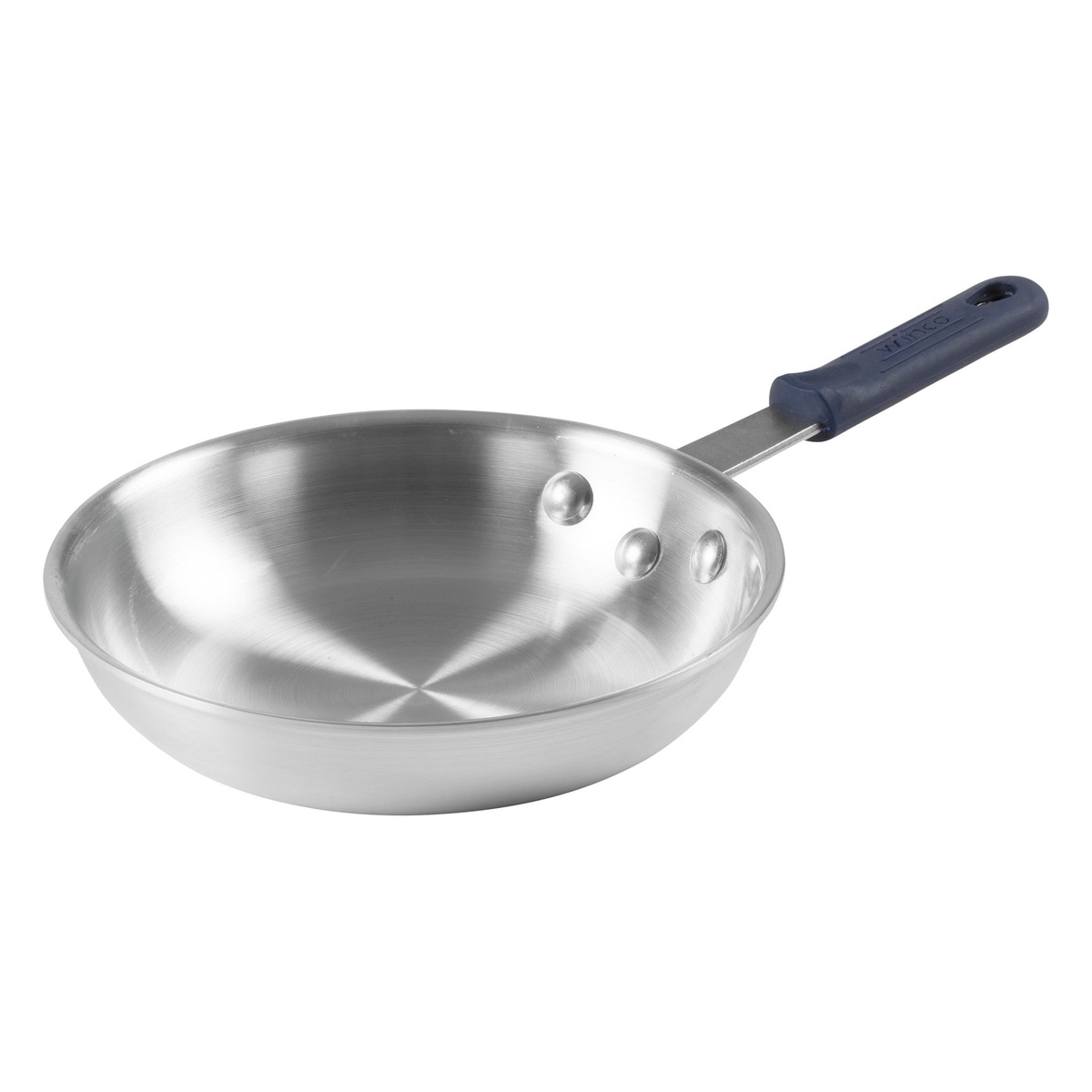 Winco Gladiator 8-inch aluminum fry pan angled view showing interior cooking surface and blue silicone handle