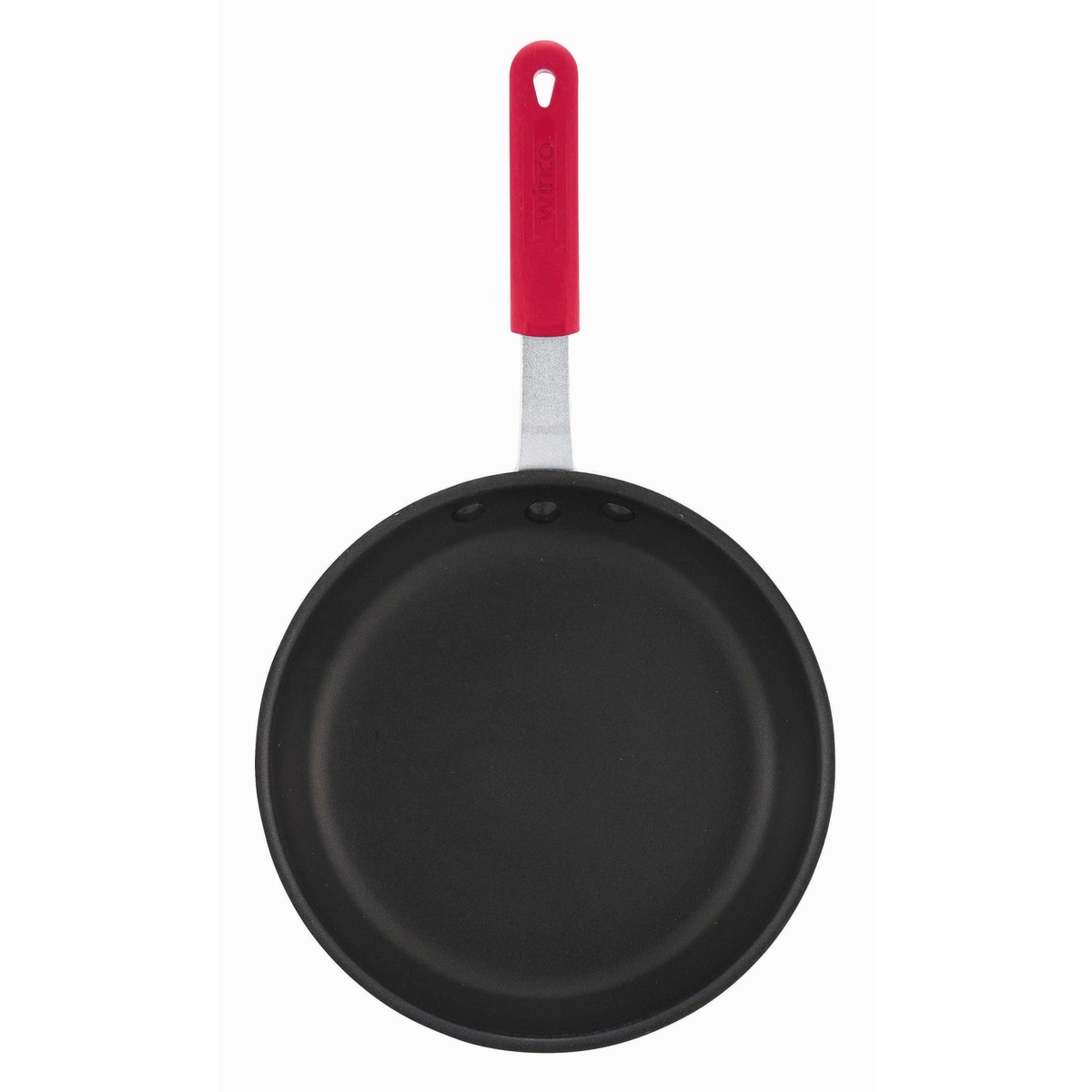 Winco AFP-8NS-H 8-inch aluminum fry pan with Quantum2 non-stick interior and red silicone handle, top-down view