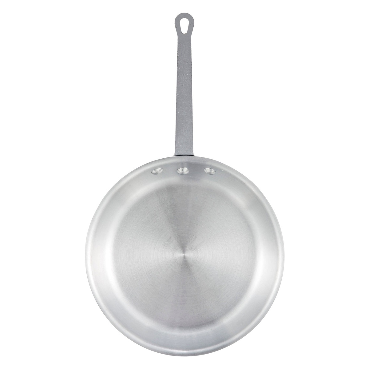 Winco AFP-8S 8-inch aluminum fry pan bottom exterior view showing satin finish and riveted handle with hanging hole