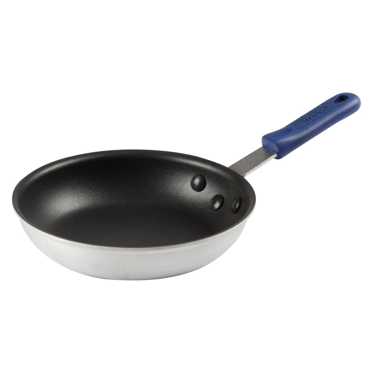 Angled side view of Winco AFP-8XC-H aluminum fry pan showing silver exterior, black non-stick interior, and riveted blue silicone handle