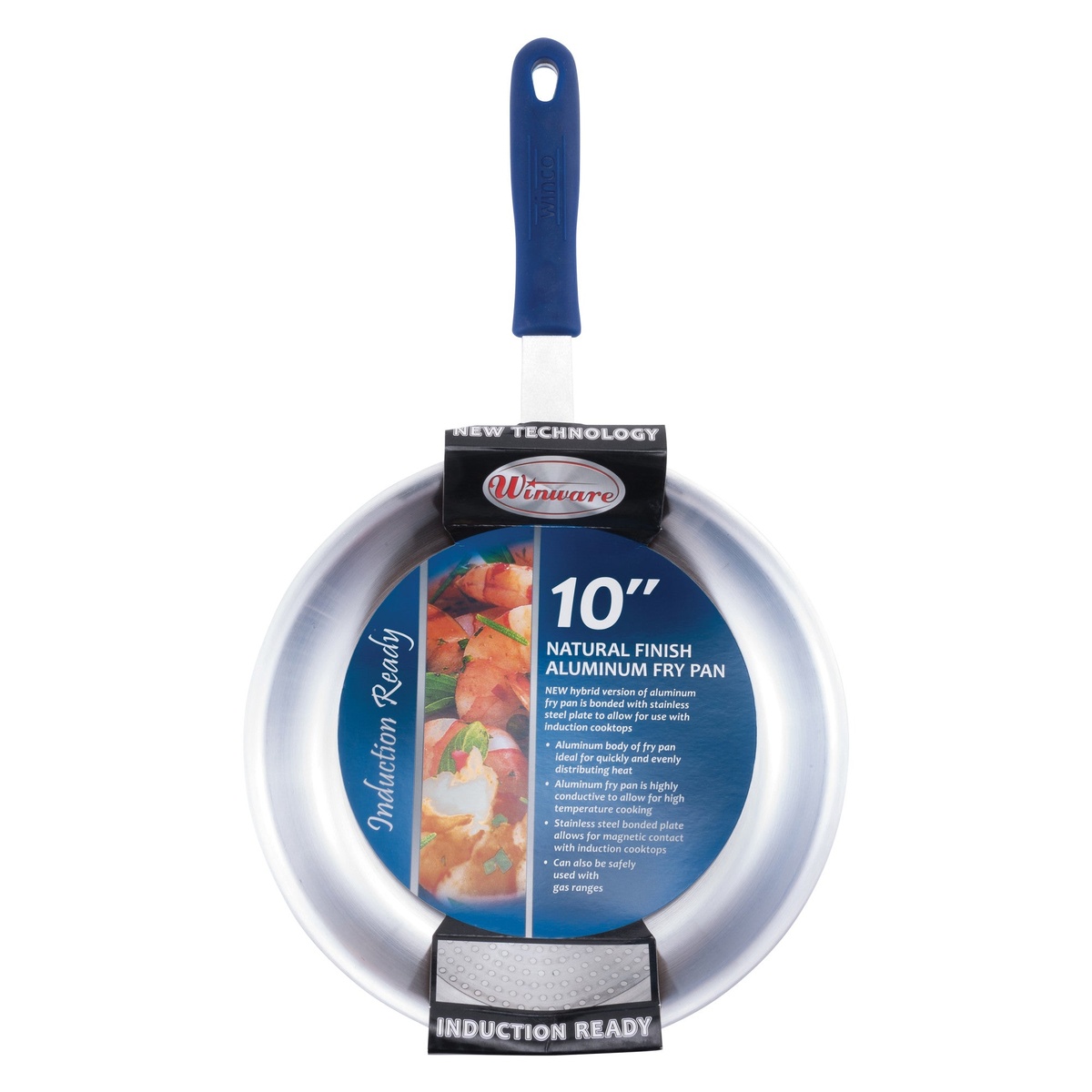 Winco AFPI-10H 10-inch natural finish aluminum fry pan with original Winware packaging label highlighting induction ready technology