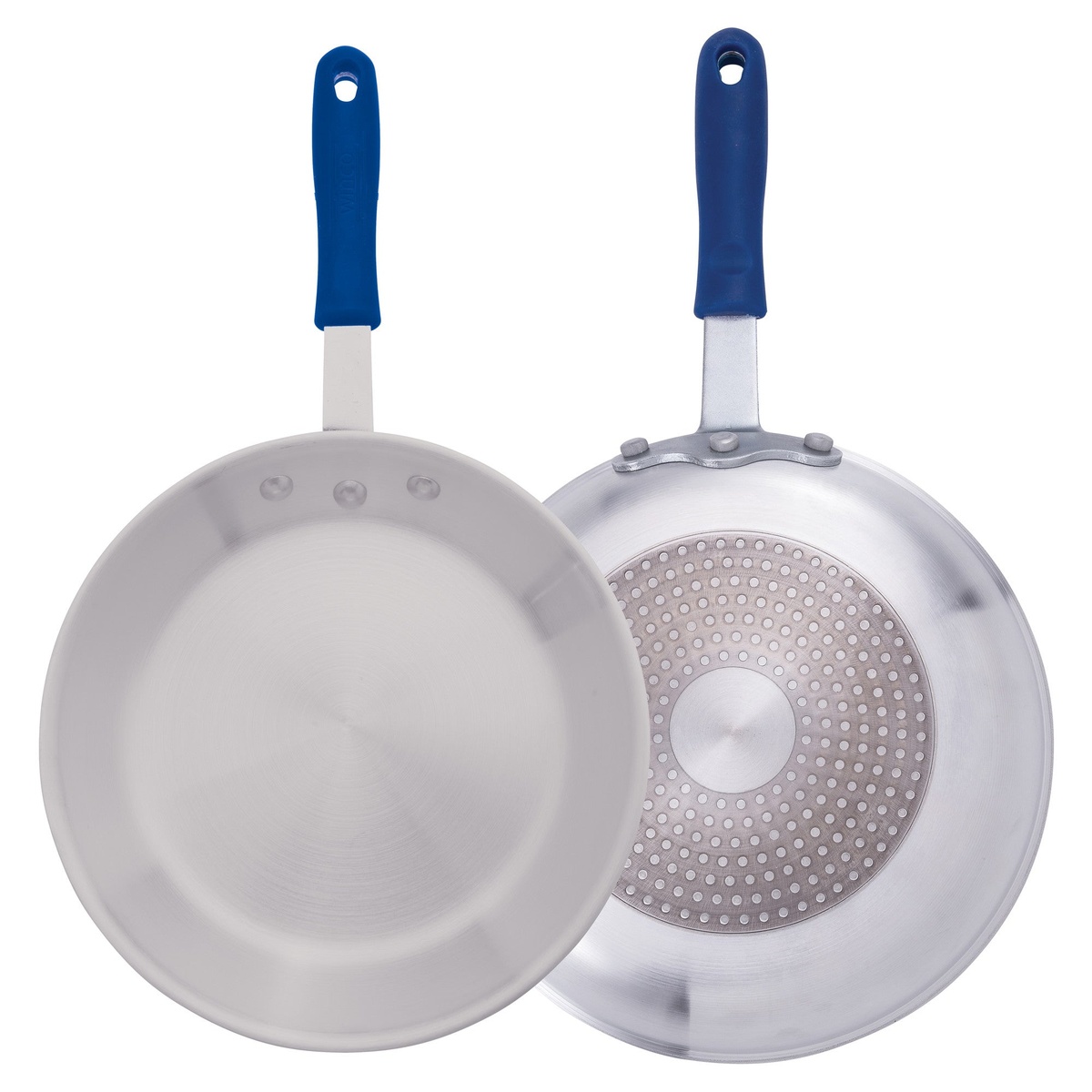 Winco AFPI-10H 10-inch aluminum fry pan shown from front and back, revealing bonded stainless steel induction plate on bottom and blue silicone handle