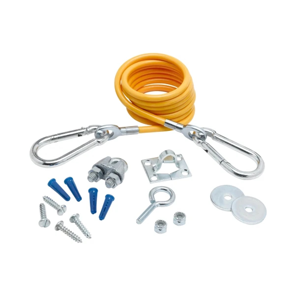 T&S Brass AG-RC 5-foot gas appliance restraining cable kit displayed with all included hardware components including carabiners, U-bolt, wall bracket, eye-bolt, hex nuts, flat washers, and wall anchors with screws